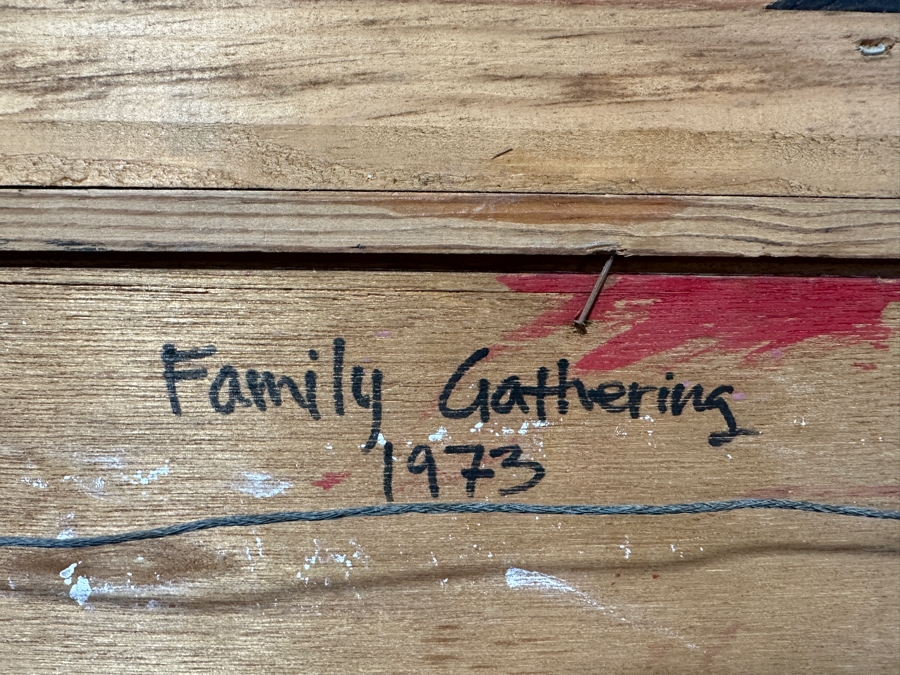 Just Added - Gerrit Greve (1948-2024, Cardiff by the Sea, CA) Original Acrylic Painting On Board Titled 'Family Gathering' Signed Lower Right Dated 1973 Measures 24' X 12' Estimate $300 - $400 Framed 32' X 20' [Photo 7]