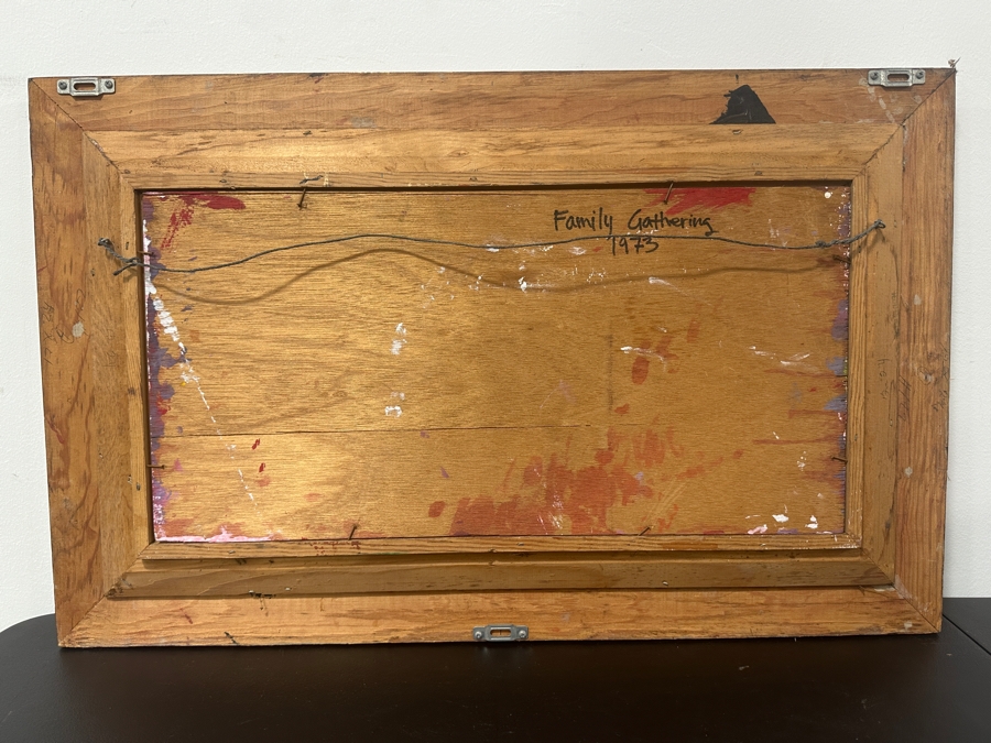 Just Added - Gerrit Greve (1948-2024, Cardiff by the Sea, CA) Original Acrylic Painting On Board Titled 'Family Gathering' Signed Lower Right Dated 1973 Measures 24' X 12' Estimate $300 - $400 Framed 32' X 20' [Photo 6]