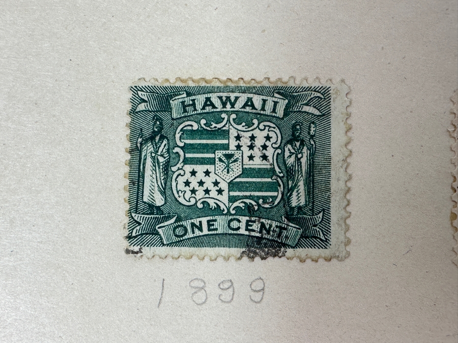 Just Added - (4) Antique Hawaiian Islands Postage Stamps: (1) 1894 View Of Honolulu, (1) 1894 Statue Of Kamehameha I, (1) 1899 Hawaiian Coat Of Arms, (1) 1899 Hawaii 2-Cent Scott #81 View Of Honolulu And (1) 1899 Statue Of Kamehameha I Stamp [Photo 6]