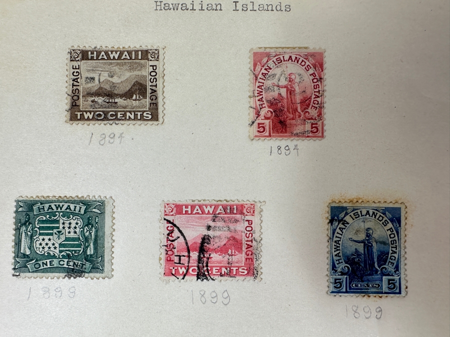 Just Added - (4) Antique Hawaiian Islands Postage Stamps: (1) 1894 View Of Honolulu, (1) 1894 Statue Of Kamehameha I, (1) 1899 Hawaiian Coat Of Arms, (1) 1899 Hawaii 2-Cent Scott #81 View Of Honolulu And (1) 1899 Statue Of Kamehameha I Stamp [Photo 2]