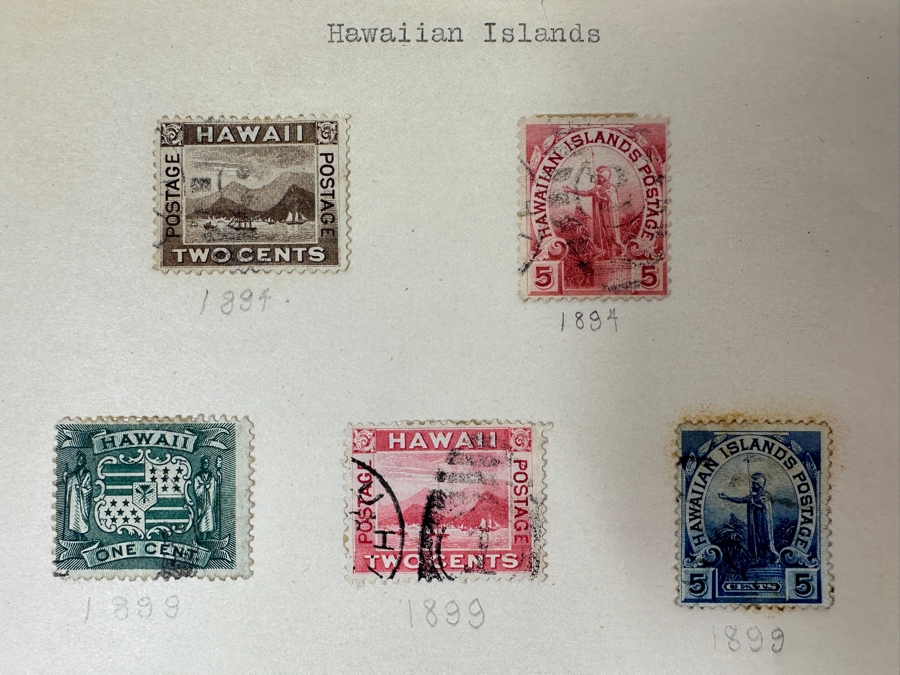 Just Added - (4) Antique Hawaiian Islands Postage Stamps: (1) 1894 View Of Honolulu, (1) 1894 Statue Of Kamehameha I, (1) 1899 Hawaiian Coat Of Arms, (1) 1899 Hawaii 2-Cent Scott #81 View Of Honolulu And (1) 1899 Statue Of Kamehameha I Stamp [Photo 3]