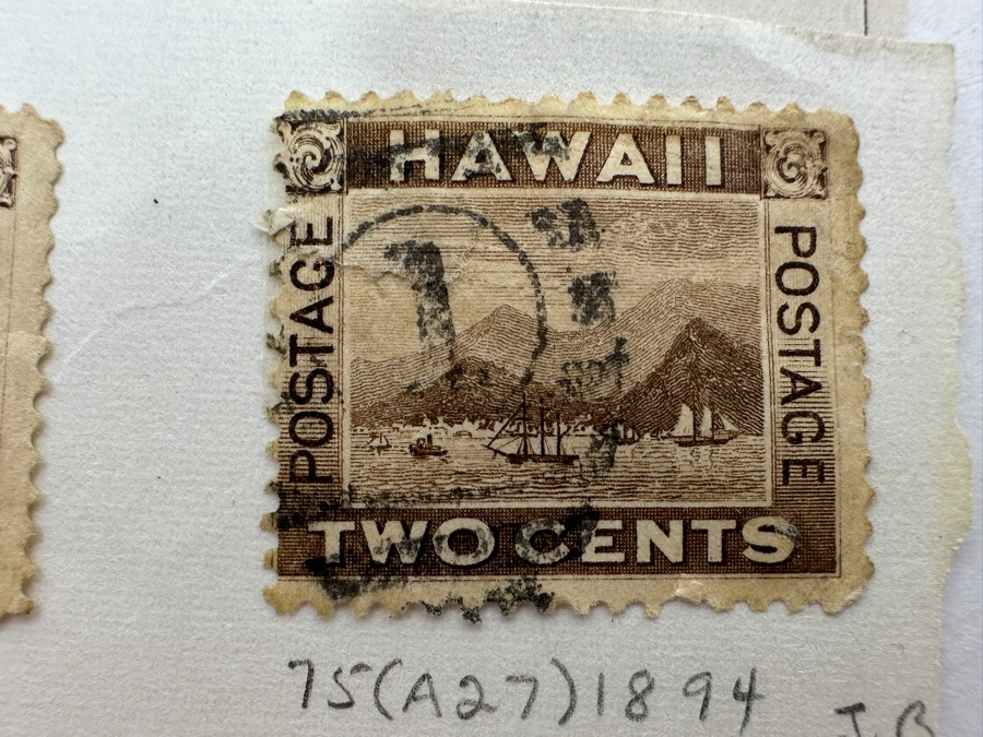 Just Added - (4) Antique Hawaiian Islands Postage Stamps From 1866-1894: (3) 1894 View Of Honolulu Design Stamps And (1) 1866 Scott #32 King Kamehameha V Stamp [Photo 5]