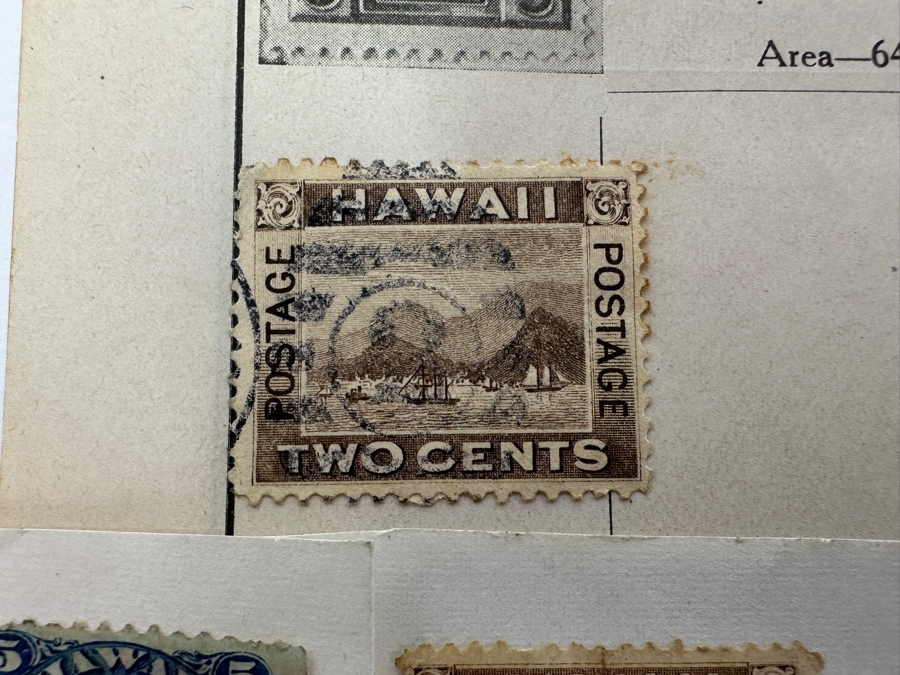 Just Added - (4) Antique Hawaiian Islands Postage Stamps From 1866-1894: (3) 1894 View Of Honolulu Design Stamps And (1) 1866 Scott #32 King Kamehameha V Stamp [Photo 2]