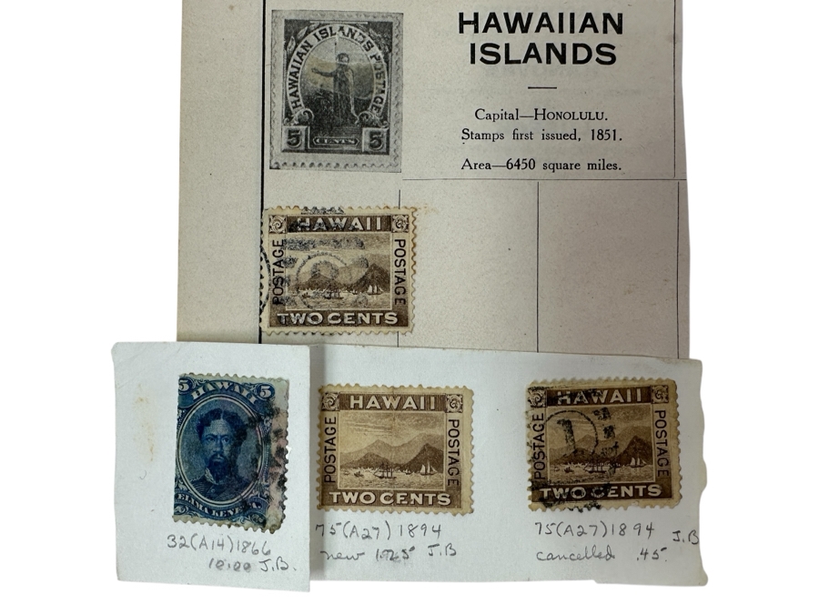 Just Added - (4) Antique Hawaiian Islands Postage Stamps From 1866-1894: (3) 1894 View Of Honolulu Design Stamps And (1) 1866 Scott #32 King Kamehameha V Stamp