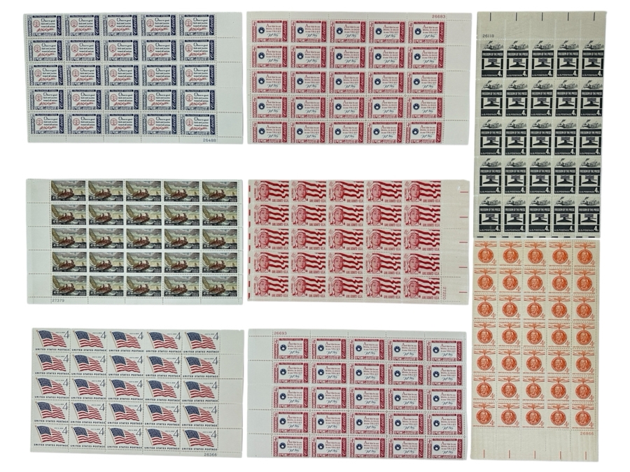 Just Added - Collection Of (8) Mid-Century United States Mint Postage Stamp Sheets: Freedom Of The Press, Mahatma Gandhi, Independence Day 1959, (3) Credo, Windlow Homer & Girl Scouts USA