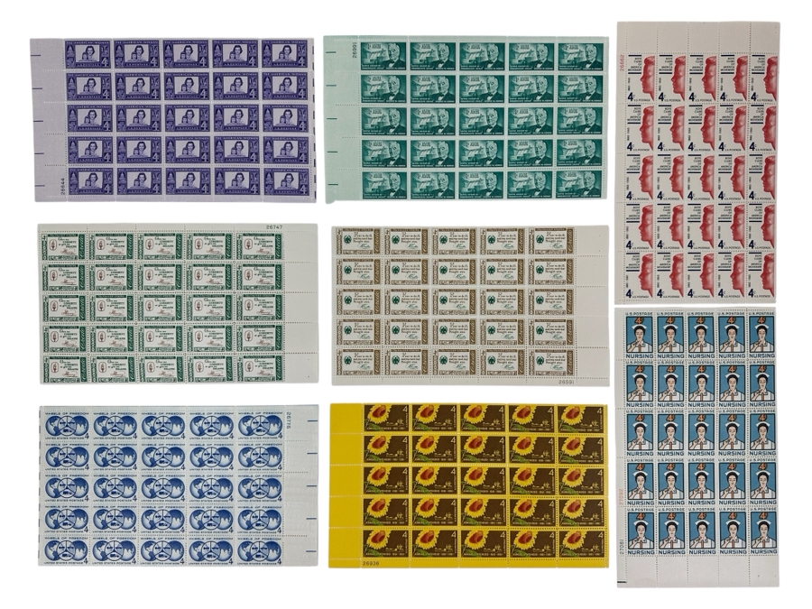 Just Added - Collection Of (8) Mid-Century United States Mint Postage Stamp Sheets: Kansas Statehood, Wheels Of Freedom, (2) Credo, The American Woman, George W. Norris, Nursing & Boys' Club Of American Movement 