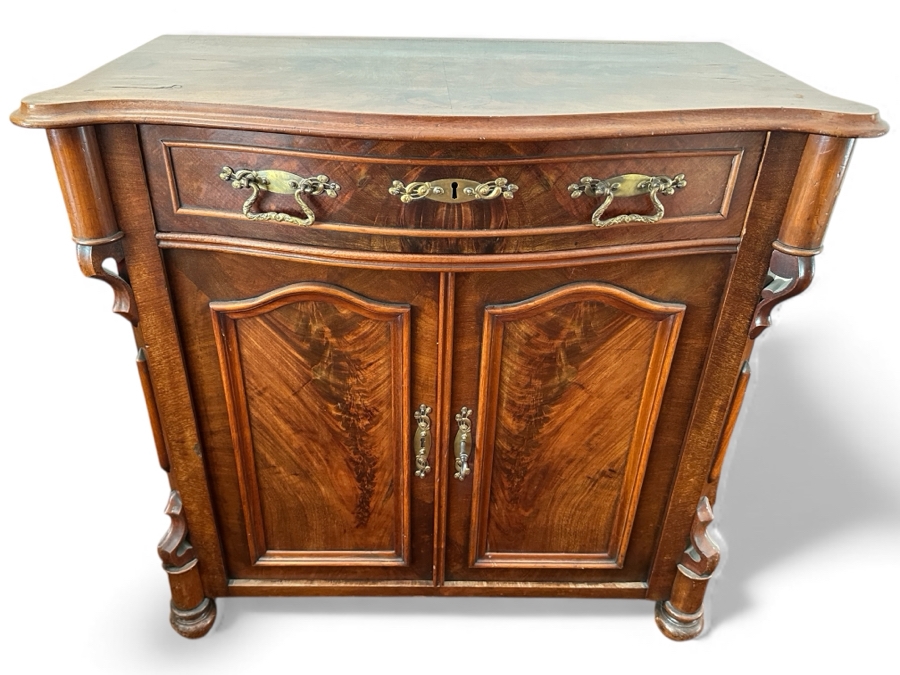 Antique Burl Wood Cabinet With Drawer 32W X 17D X 31H