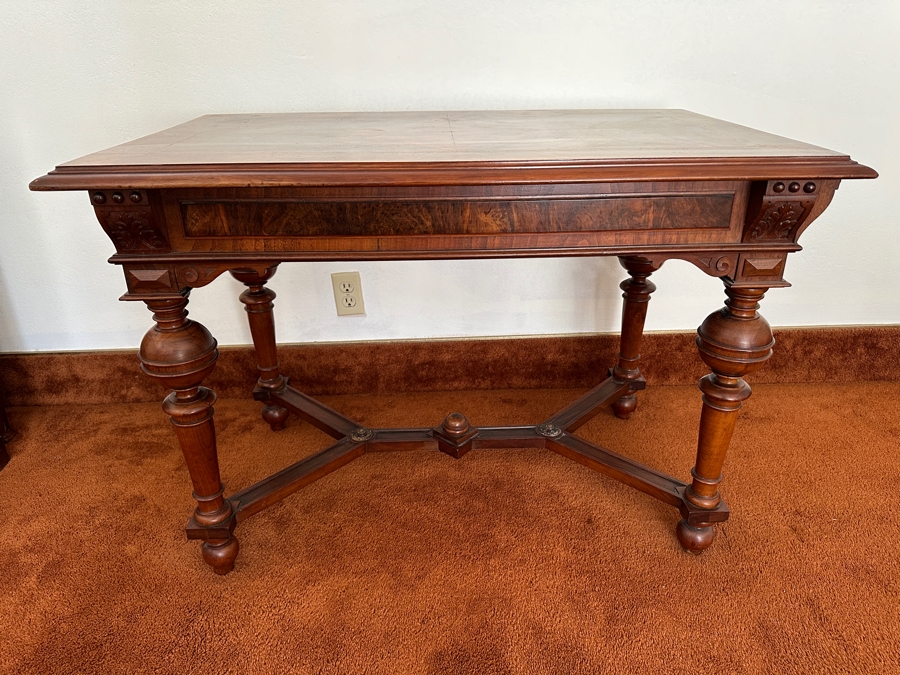 Stunning Antique Wooden Table Desk With Burl Wood Top, Turned Legs And Intricate Wood Carving 41W X 25D X 28.5H [Photo 3]