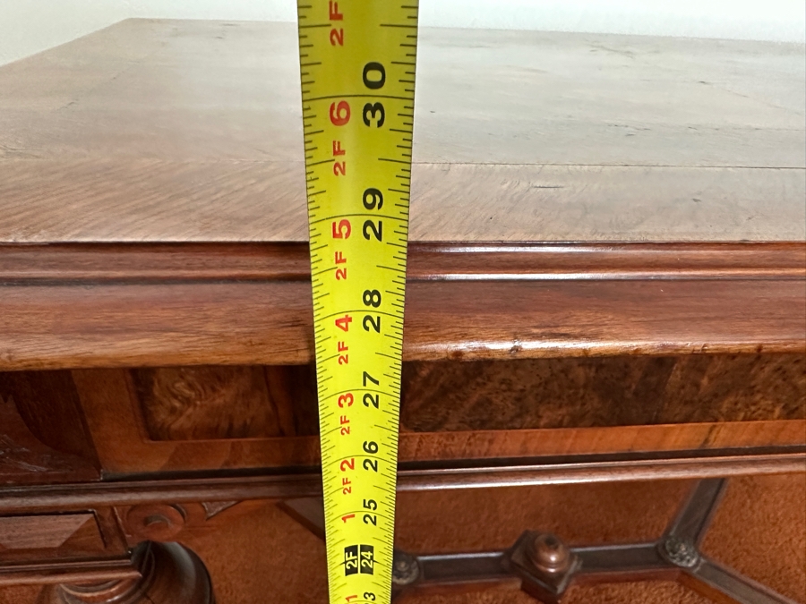 Stunning Antique Wooden Table Desk With Burl Wood Top, Turned Legs And Intricate Wood Carving 41W X 25D X 28.5H [Photo 14]