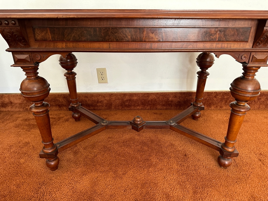 Stunning Antique Wooden Table Desk With Burl Wood Top, Turned Legs And Intricate Wood Carving 41W X 25D X 28.5H [Photo 8]