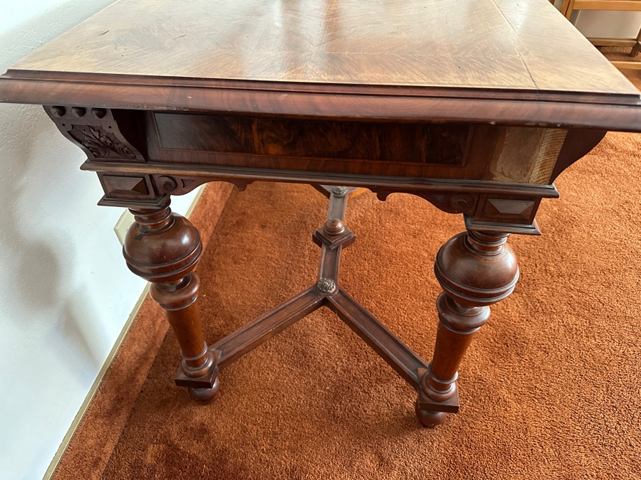 Stunning Antique Wooden Table Desk With Burl Wood Top, Turned Legs And Intricate Wood Carving 41W X 25D X 28.5H [Photo 9]
