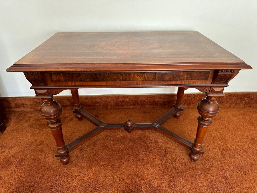 Stunning Antique Wooden Table Desk With Burl Wood Top, Turned Legs And Intricate Wood Carving 41W X 25D X 28.5H [Photo 2]