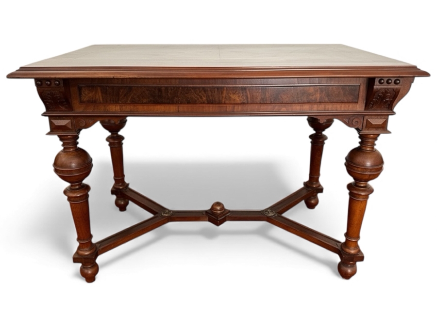 Stunning Antique Wooden Table Desk With Burl Wood Top, Turned Legs And Intricate Wood Carving 41W X 25D X 28.5H