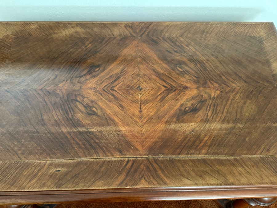 Stunning Antique Wooden Table Desk With Burl Wood Top, Turned Legs And Intricate Wood Carving 41W X 25D X 28.5H [Photo 6]