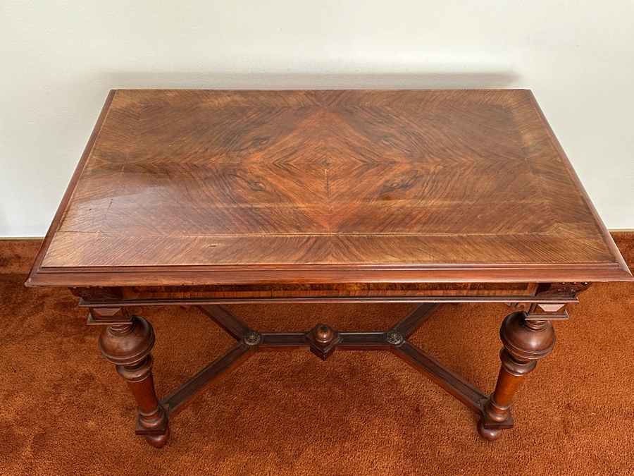 Stunning Antique Wooden Table Desk With Burl Wood Top, Turned Legs And Intricate Wood Carving 41W X 25D X 28.5H [Photo 5]