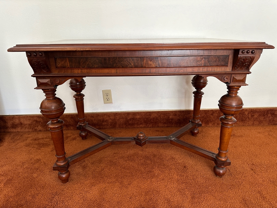 Stunning Antique Wooden Table Desk With Burl Wood Top, Turned Legs And Intricate Wood Carving 41W X 25D X 28.5H [Photo 4]