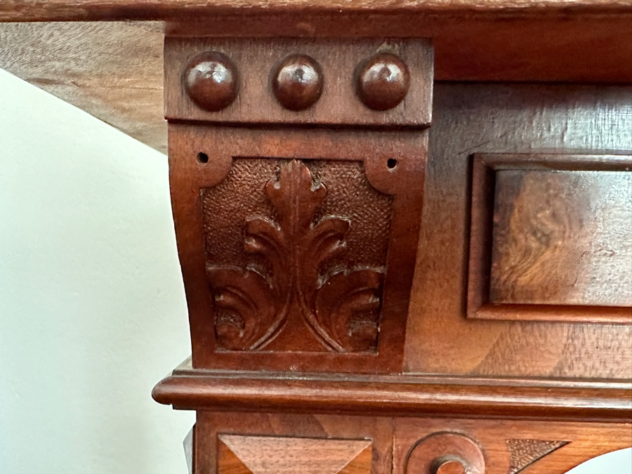 Stunning Antique Wooden Table Desk With Burl Wood Top, Turned Legs And Intricate Wood Carving 41W X 25D X 28.5H [Photo 7]