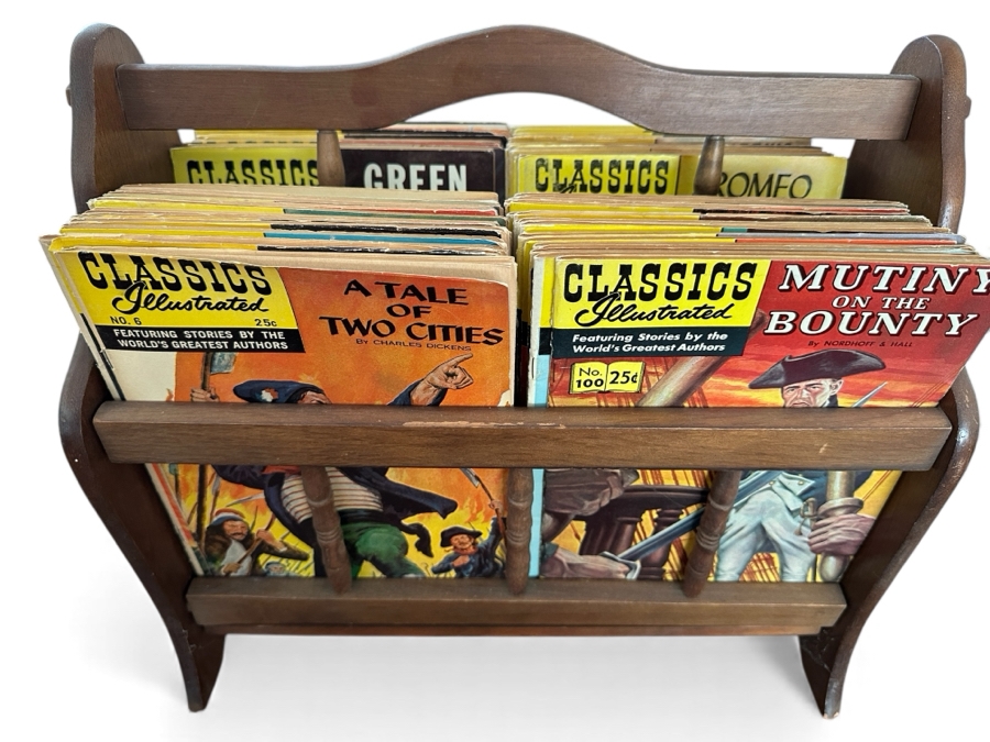 Large Collection Of (80) Vintage Classics Illustrated Comic Books With Wooden Magazine Rack - See Photos For Titles