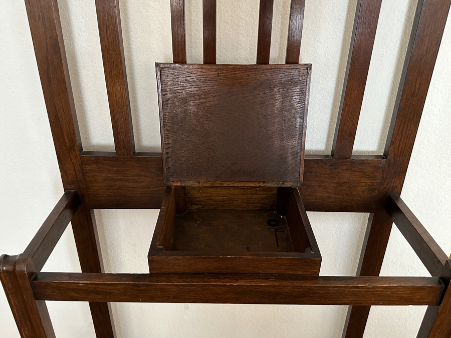 Antique Arts And Crafts Style Wooden Hall Tree Coat Rack With Mirror, Glove Box And Umbrella Stands 30W X 12.5D X 79H [Photo 5]