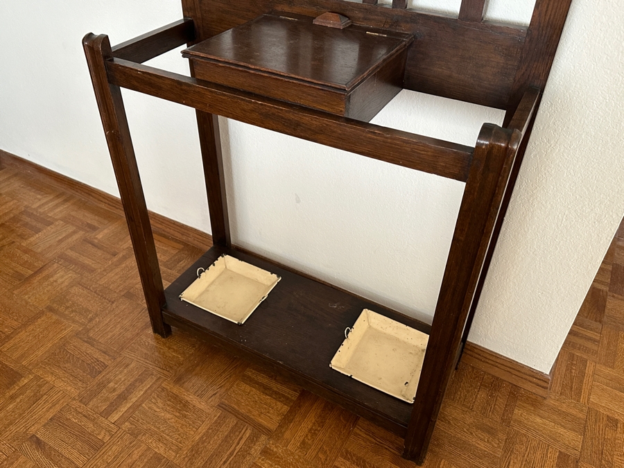 Antique Arts And Crafts Style Wooden Hall Tree Coat Rack With Mirror, Glove Box And Umbrella Stands 30W X 12.5D X 79H [Photo 4]