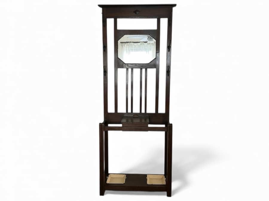 Antique Arts And Crafts Style Wooden Hall Tree Coat Rack With Mirror, Glove Box And Umbrella Stands 30W X 12.5D X 79H