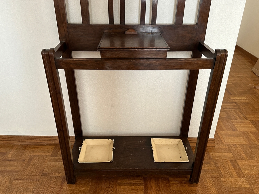 Antique Arts And Crafts Style Wooden Hall Tree Coat Rack With Mirror, Glove Box And Umbrella Stands 30W X 12.5D X 79H [Photo 6]