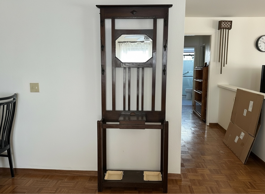 Antique Arts And Crafts Style Wooden Hall Tree Coat Rack With Mirror, Glove Box And Umbrella Stands 30W X 12.5D X 79H [Photo 2]