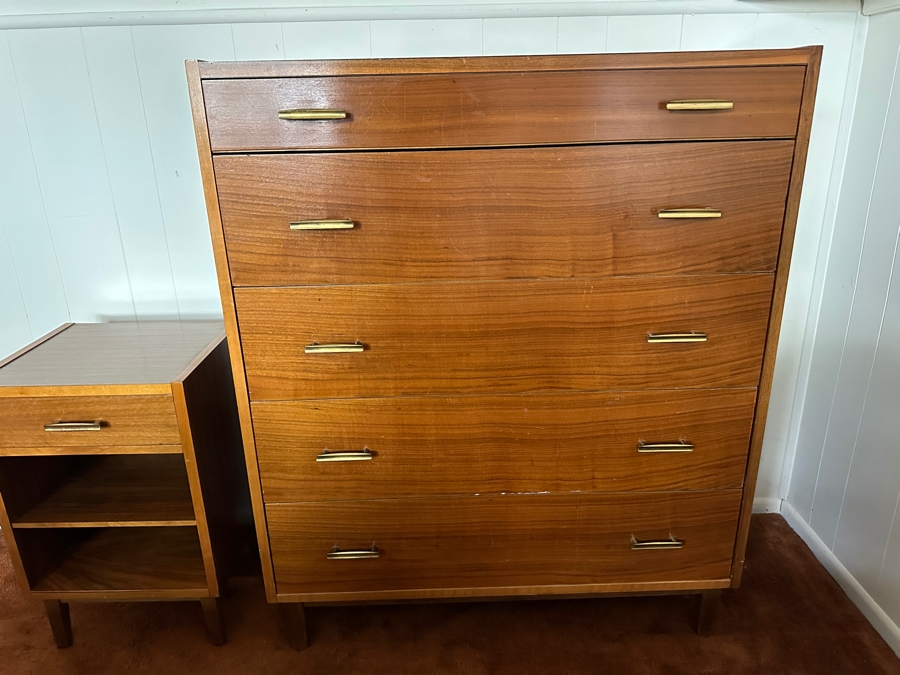 Vintage Mid-Century Modern Brumax Berlin Chest Of Drawers Dresser 36W X 18D X 42.5H With Matching Nightstand 15W X 13D X 23H [Photo 2]