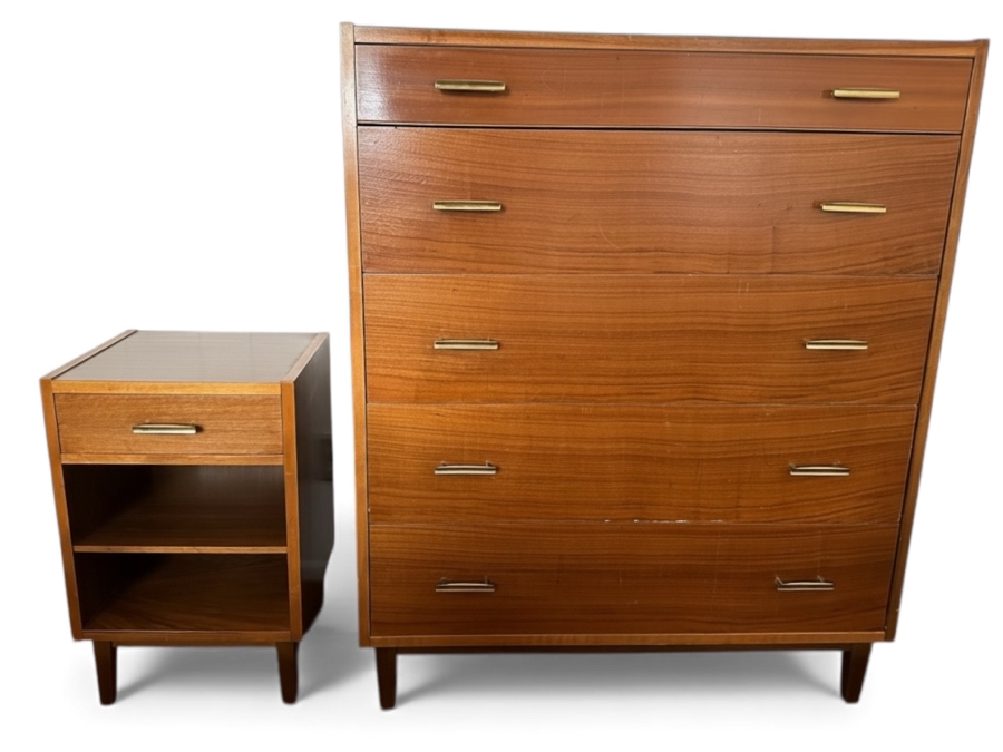 Vintage Mid-Century Modern Brumax Berlin Chest Of Drawers Dresser 36W X 18D X 42.5H With Matching Nightstand 15W X 13D X 23H