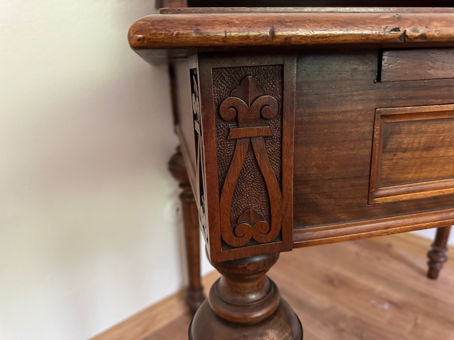 Antique Carved Walnut Writing Desk Side Table With Turned Legs 38W X 27D X 39H [Photo 5]
