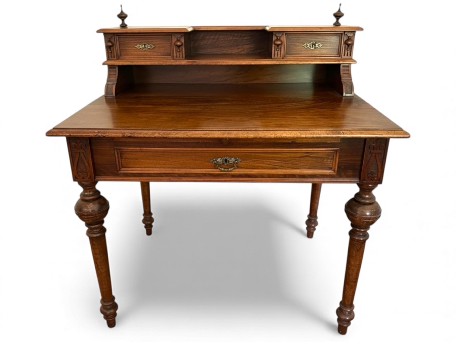 Antique Carved Walnut Writing Desk Side Table With Turned Legs 38W X 27D X 39H