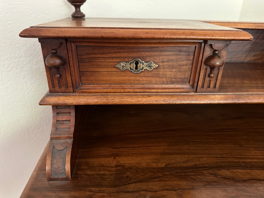 Antique Carved Walnut Writing Desk Side Table With Turned Legs 38W X 27D X 39H [Photo 7]