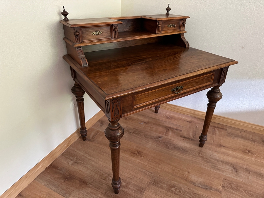 Antique Carved Walnut Writing Desk Side Table With Turned Legs 38W X 27D X 39H [Photo 3]