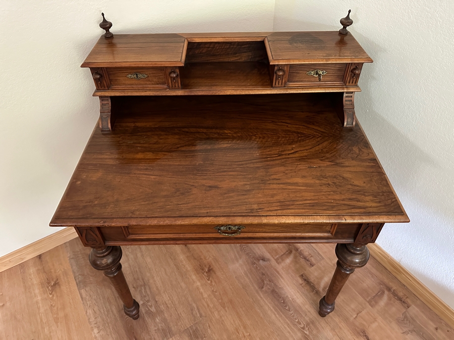 Antique Carved Walnut Writing Desk Side Table With Turned Legs 38W X 27D X 39H [Photo 9]