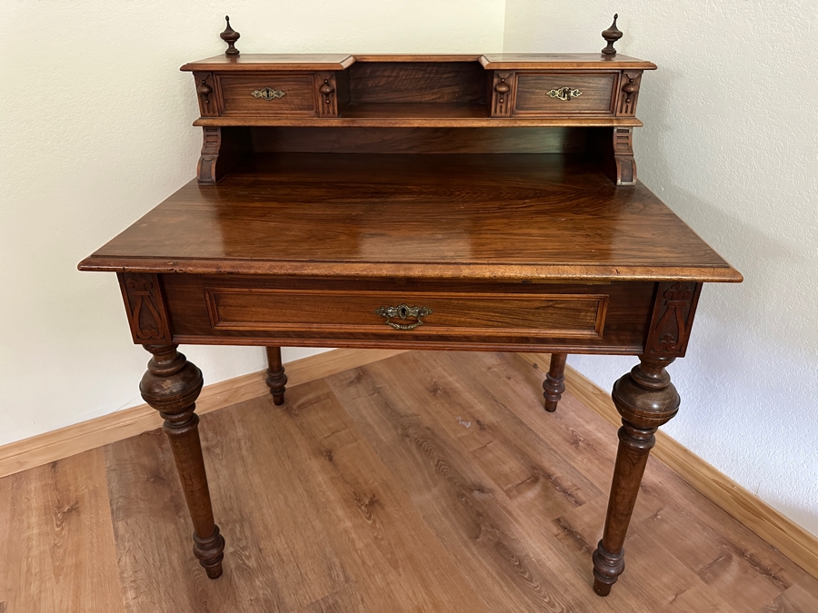 Antique Carved Walnut Writing Desk Side Table With Turned Legs 38W X 27D X 39H [Photo 2]