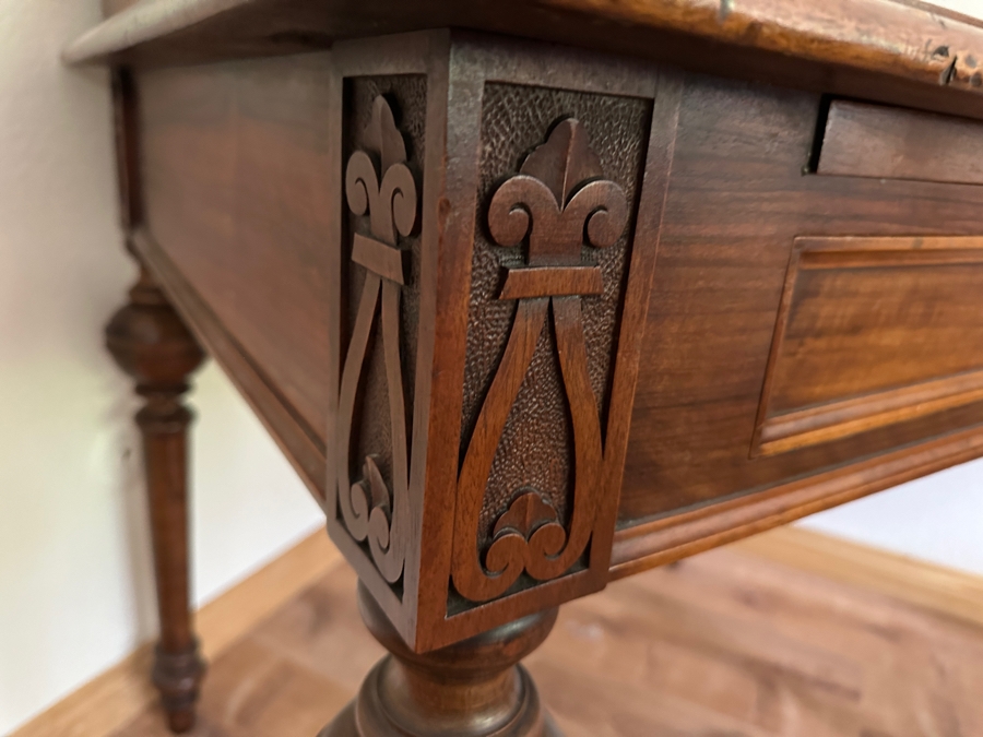 Antique Carved Walnut Writing Desk Side Table With Turned Legs 38W X 27D X 39H [Photo 4]