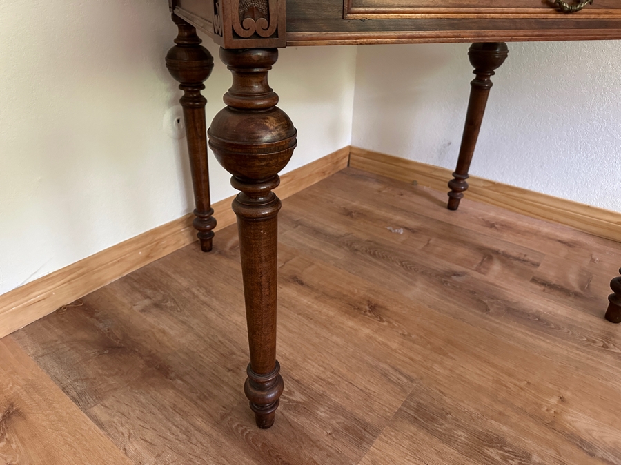 Antique Carved Walnut Writing Desk Side Table With Turned Legs 38W X 27D X 39H [Photo 6]