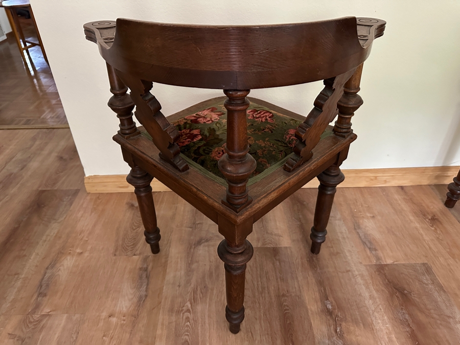 Vintage German Hand Carved Wooden Eckstuhl Grunderzeit Corner Chair With Floral Upholstered Seat 24W X 24D X 32H [Photo 9]