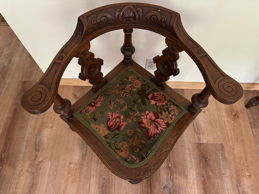 Vintage German Hand Carved Wooden Eckstuhl Grunderzeit Corner Chair With Floral Upholstered Seat 24W X 24D X 32H [Photo 5]