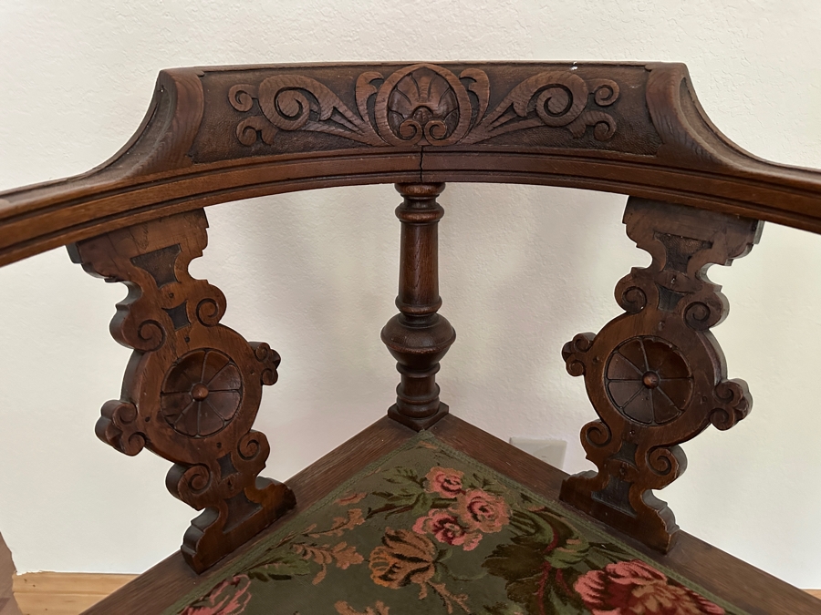 Vintage German Hand Carved Wooden Eckstuhl Grunderzeit Corner Chair With Floral Upholstered Seat 24W X 24D X 32H [Photo 3]