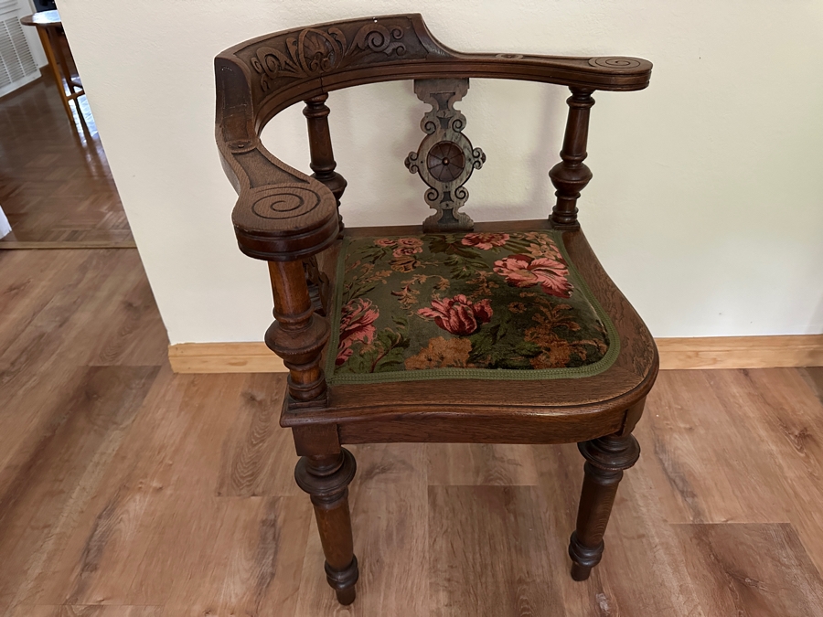 Vintage German Hand Carved Wooden Eckstuhl Grunderzeit Corner Chair With Floral Upholstered Seat 24W X 24D X 32H [Photo 8]
