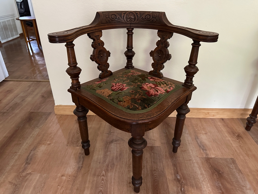 Vintage German Hand Carved Wooden Eckstuhl Grunderzeit Corner Chair With Floral Upholstered Seat 24W X 24D X 32H [Photo 2]