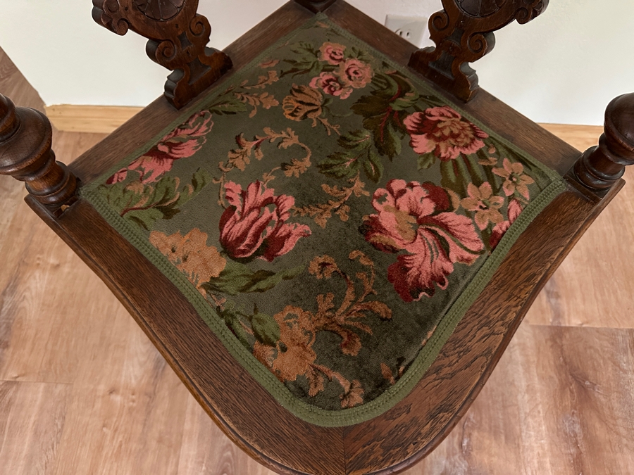 Vintage German Hand Carved Wooden Eckstuhl Grunderzeit Corner Chair With Floral Upholstered Seat 24W X 24D X 32H [Photo 4]