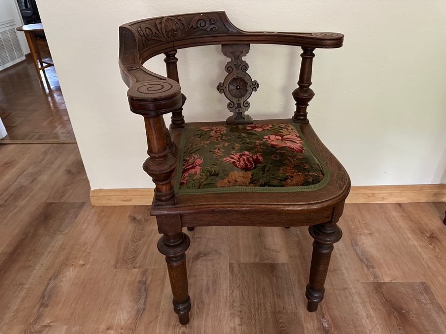 Vintage German Hand Carved Wooden Eckstuhl Grunderzeit Corner Chair With Floral Upholstered Seat 24W X 24D X 32H [Photo 7]