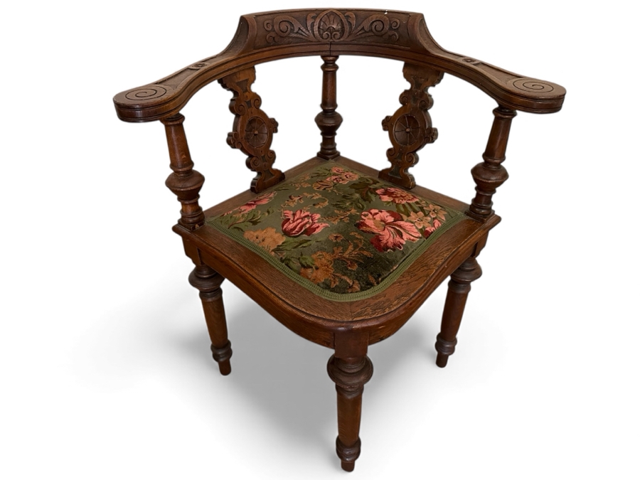 Vintage German Hand Carved Wooden Eckstuhl Grunderzeit Corner Chair With Floral Upholstered Seat 24W X 24D X 32H