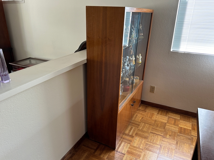 Vintage Mid-Century Modern Wooden Curio Display Cabinet From Berlin Germany With Sliding Glass Doors 39W X 14D X 55.5H [Photo 5]