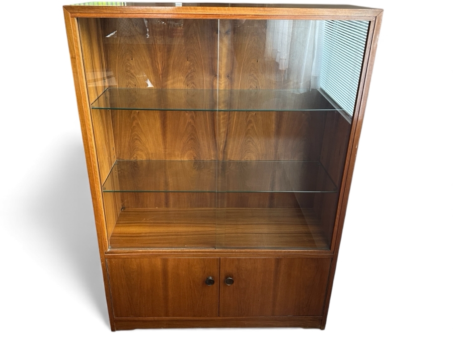 Vintage Mid-Century Modern Wooden Curio Display Cabinet From Berlin Germany With Sliding Glass Doors 39W X 14D X 55.5H
