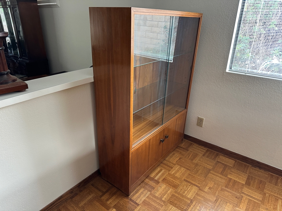 Vintage Mid-Century Modern Wooden Curio Display Cabinet From Berlin Germany With Sliding Glass Doors 39W X 14D X 55.5H [Photo 3]