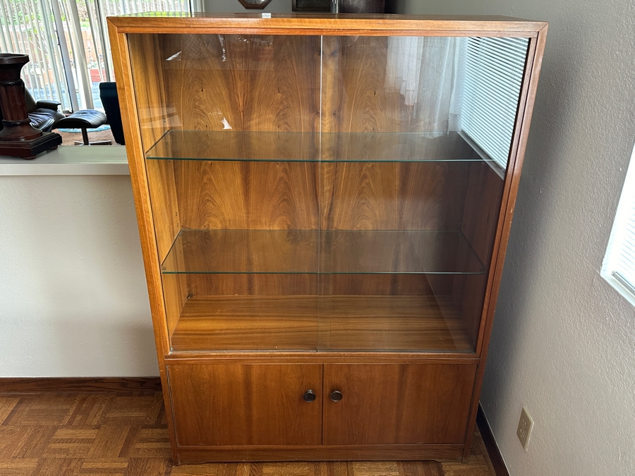 Vintage Mid-Century Modern Wooden Curio Display Cabinet From Berlin Germany With Sliding Glass Doors 39W X 14D X 55.5H [Photo 2]