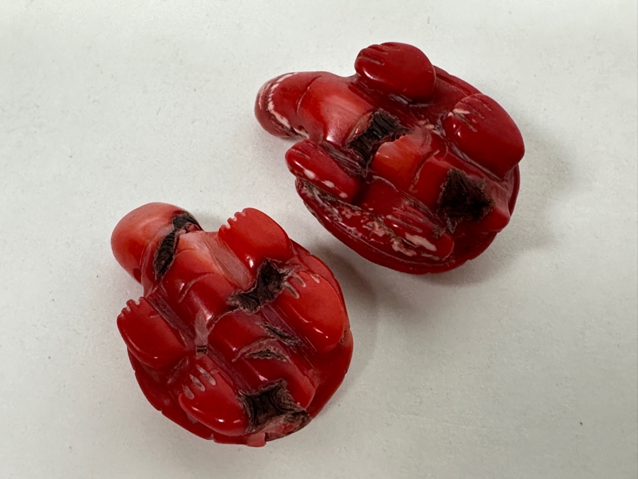 Pair Of Carved Red Coral Turtle Figurines 1.5'L [Photo 3]